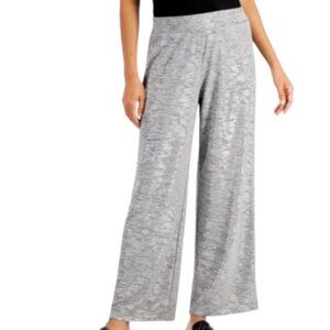 JM Collection Wide Leg Flare Pants Womens L Silver Shiny Pull On Stretch New